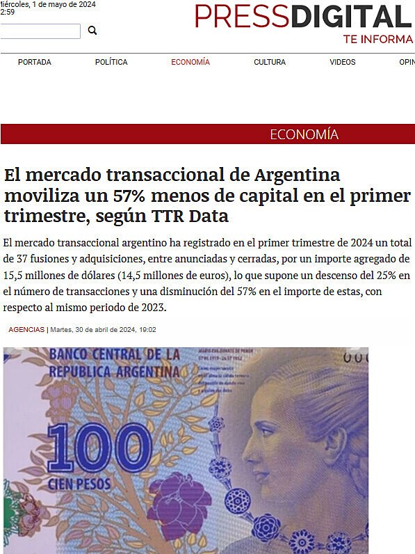 El mercado transaccional de Argentina moviliza un 57% menos de capital en el primer trimestre, segn TTR Data